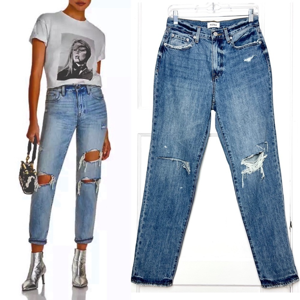 NWT PISTOLA 90s High Rise Distressed Denim Relaxed Straight Leg Ripped Jeans 26